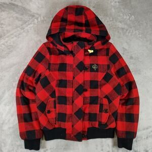 VTG Y2K Southpole Buffalo Plaid wool blend hooded bomber jacket womens L